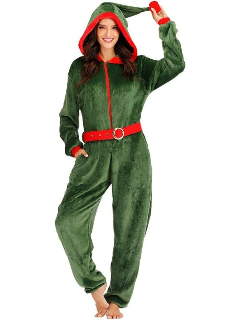 EraSpooky Womens Christmas Green & Red Hooded Elf Coverall Pajama Costume Belt S